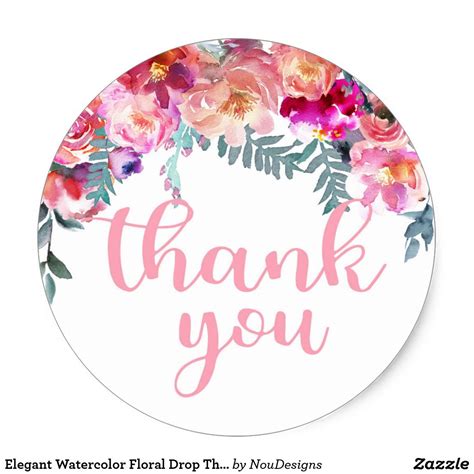 Elegant Watercolor Floral Drop Thank You Classic Round Sticker Zazzle Thank You Flowers