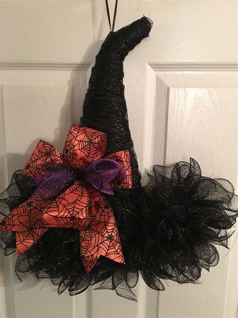 Black Deco Mesh Witch Hat With Orange Bow Halloween Mesh Wreaths