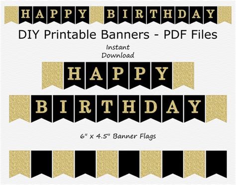 Happy Birthday Banner Black And Gold Glitter Printable