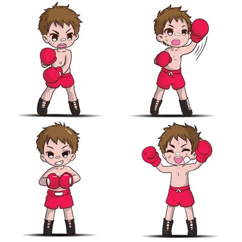 Set Cute Boxing Boy Cartoon Character Premium Vector