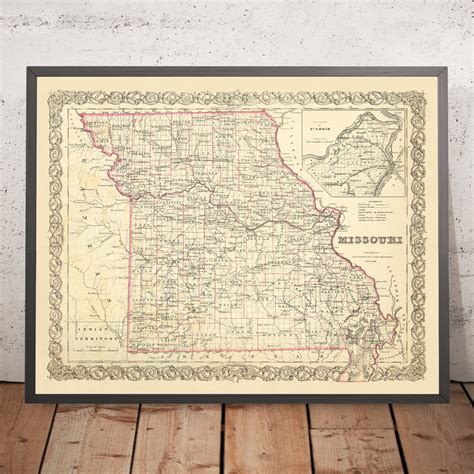 Old Map Of Missouri By J H Colton 1860 St Louis Kansas City Spr