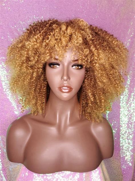 Wig Strawberry Blonde Curly Afro Kinky Twist Bangs Wig Afro Etsy