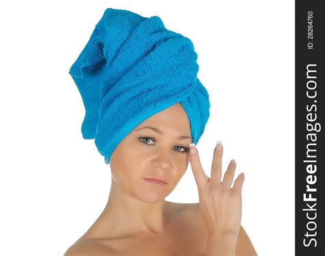 Spa Girl Beautiful Young Woman After Bath With Blue Towel Isolated On