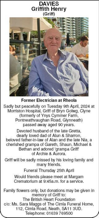 Funeral Notice For Mr Griffith Davies Resolven District News