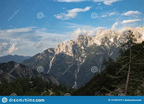 Snowy Julian Alps Mountain Range In Slovenia In Summertime Stock Image
