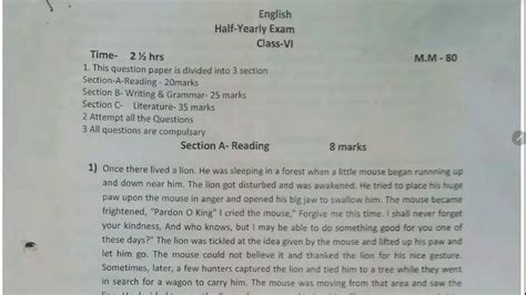 Class English Half Yearly Question Paper Of Youtube