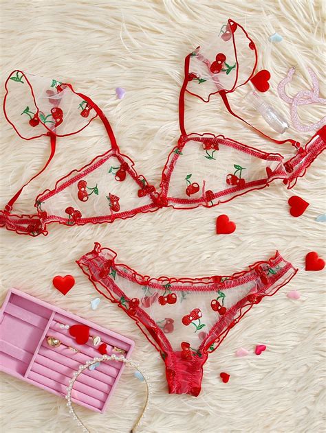 Red Cute Collar Heart Sexy Sets Embellished High Stretch Women Intimates Lingerie Boutique Lace