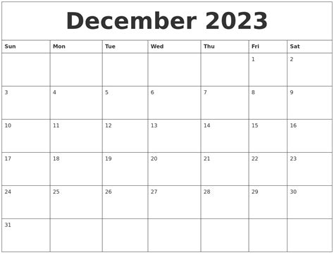 December 2023 Print Blank Calendar
