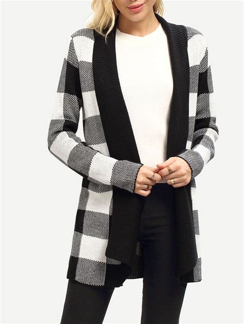 White Black Plaid Cardigan Sweater Sheinsheinside