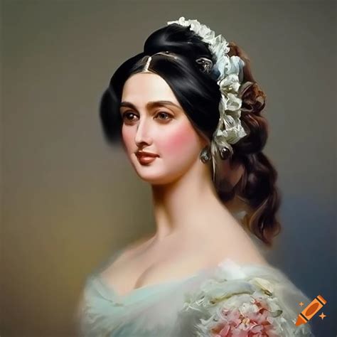 Portrait Of A Black Haired Blue Eyed Princess In An Elegant 1850s Gown