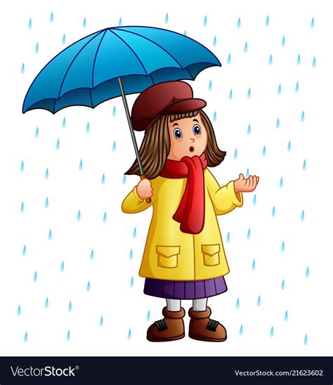 Illustration Of Cartoon Girl With Umbrella Standing Under The Raindrops