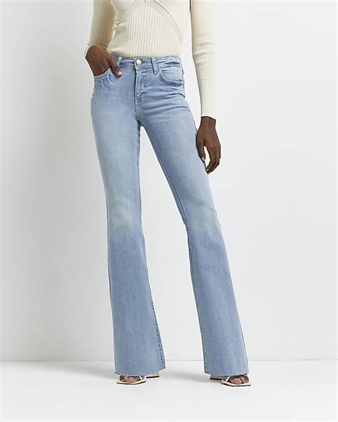 Blue Mid Rise Flared Jeans River Island