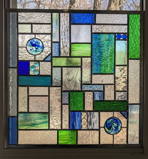Custom Stained Glass Window Panel In Blues Greens And Clears Etsy