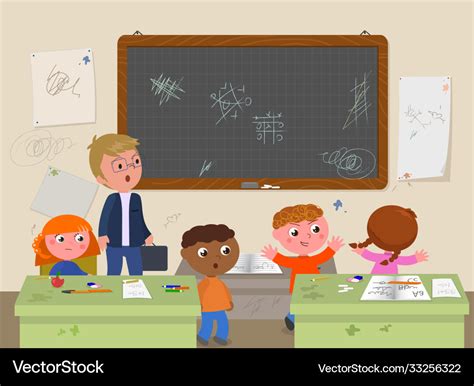 Dirty School Classroom With Teacher And Naughty Vector Image