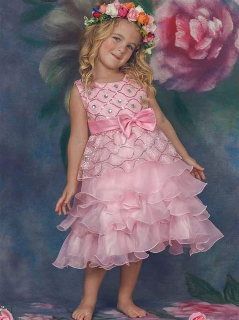 Girls Pink Princess Cascading Ruffle Flower Embroidery Party Dress Wit