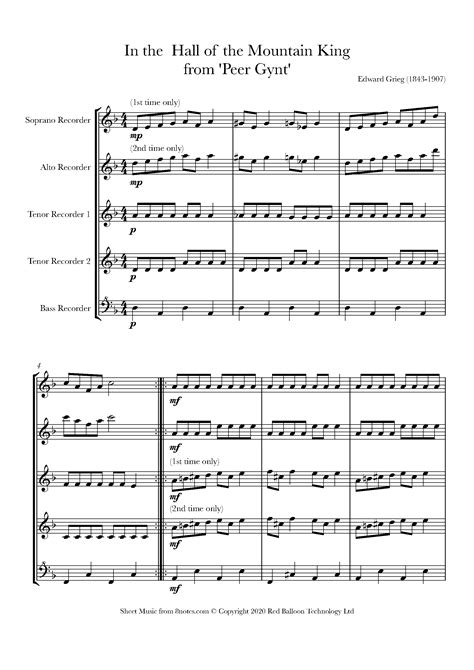 Grieg In The Hall Of The Mountain King Sheet Music For Recorder