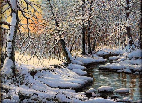 Snowy Winter Forest River Realism Oil Painting