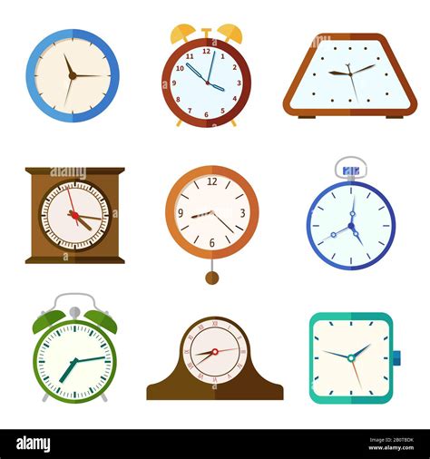 Wall Clock And Alarm Clocks Time Vector Flat Icons Set Of Different