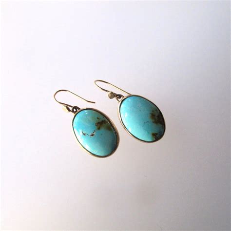 Turquoise Earrings Handmade Solid Gold Dangling Oval Cabochon Etsy