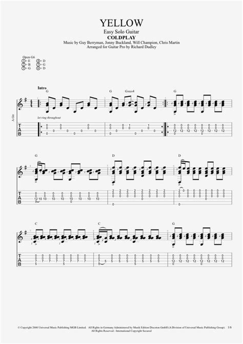 Yellow By Coldplay Easy Solo Guitar Guitar Pro Tab