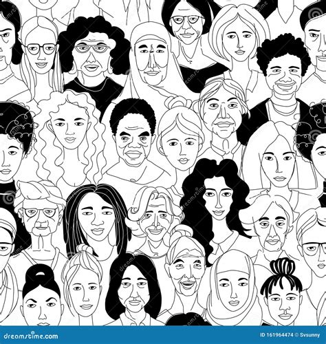 Women S Diversity Head Portraits Line Drawing Doodle Poster Seamless