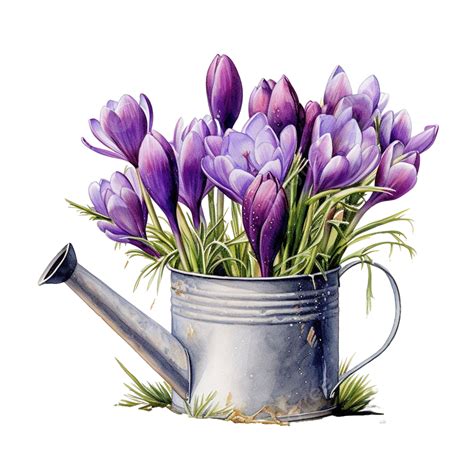 Purple Crocuses In A Watering Can Illustration Crocus Saffron Flower