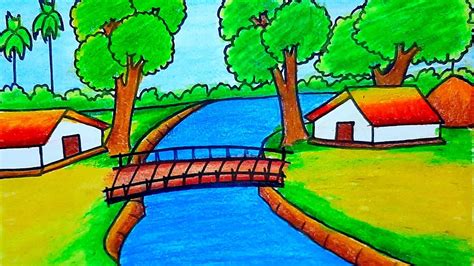 How To Draw Easy Village Scenery Drawing Step By Step With Riverside