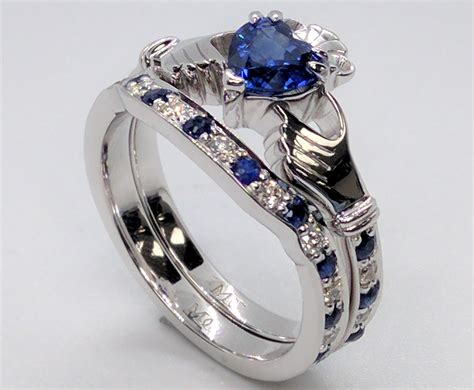 European Engagement Ring Heart Blue Sapphire Claddagh Bridal Ring Set