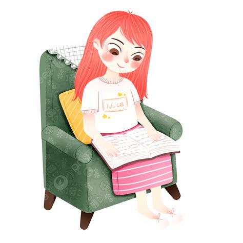 소파 에 앉 아 책 을 보 는 빨 간 머리 소녀 일러스트 만화 소녀 여자 도안 인물 원소 Png 일러스트 및 Psd 이미지 무료 다운로드 Pngtree