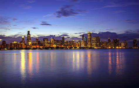 Wallpaper Water Lake Building Chicago Il Night City Chicago