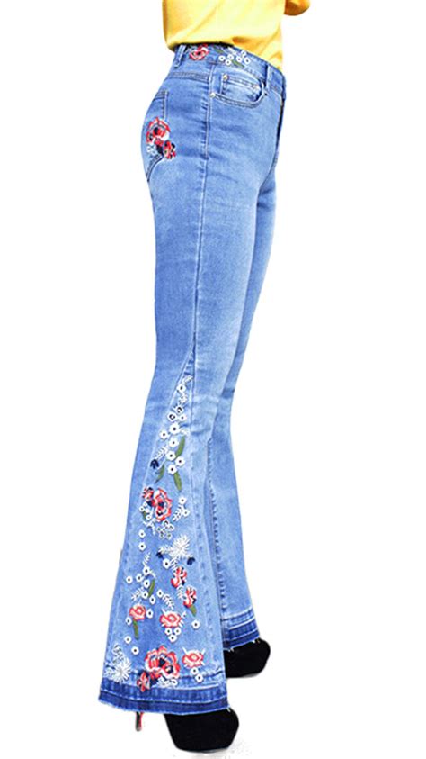 Buy Womens Chic Floral Embroidered High Rise Bell Bottom Flare Jeans