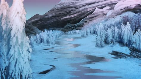 Art Mountains Winter River Trees Ice Snow Painting Wallpapers Hd