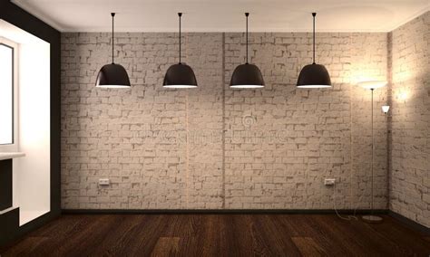Empty Room With White Brick Walls And Lights Day Scene Stock