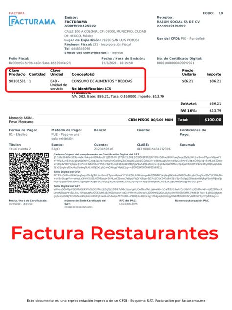 Ejemplo De Factura Para Restaurantes Cfdi 33 En 2020 Facturas