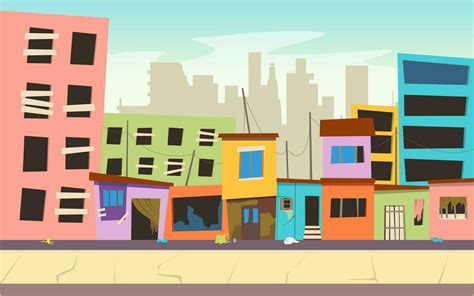 Cartoon Color Ghetto Street With Pour Dirty Houses Landscape Scene