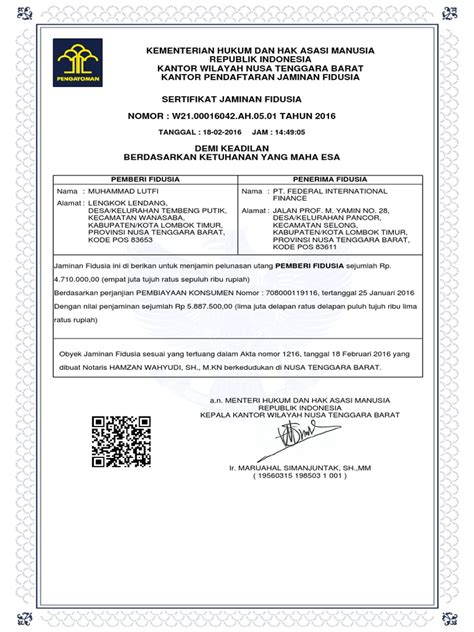 Contoh bagian awal surat tersebut adalah seperti berikut ini Contoh Sertifikat Fidusia