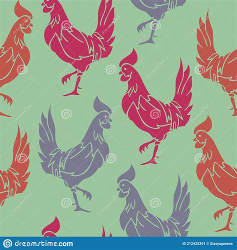 Vector Seamless Pattern With Colorful Rooster Silhouettes On A Green