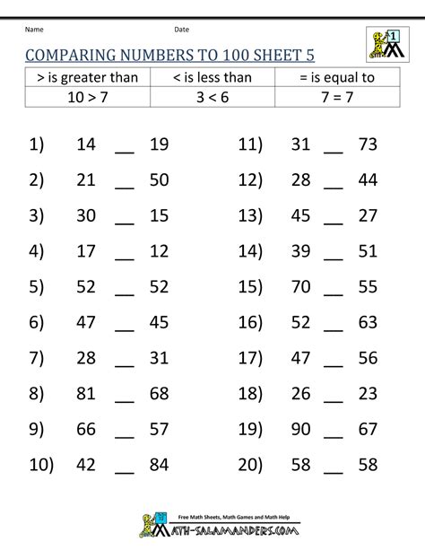 Comparing Numbers Greater Than First Grade Free Worksheets