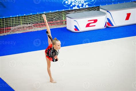 Adorable Gymnast Participates In Competitions In Rhythmic Gymnastics