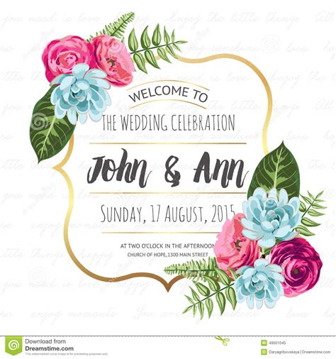 Wedding Invitation Card With Painted Flowers Stock Photo