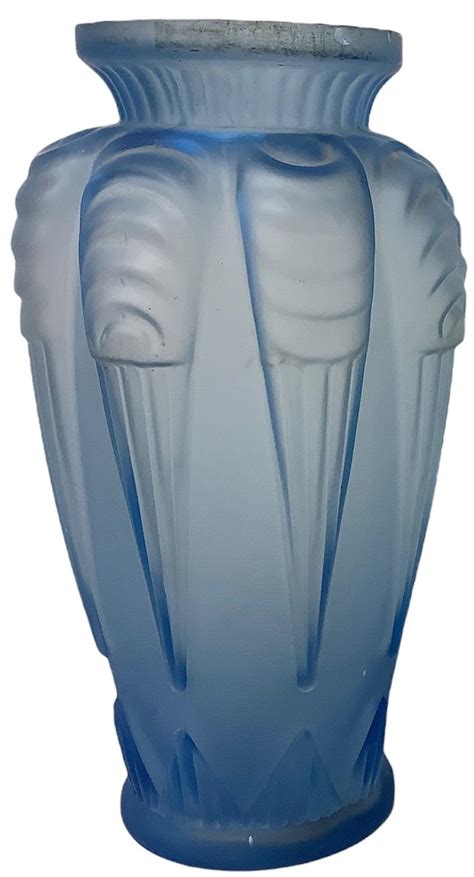 Lot Hand Blown French Art Deco Frosted Blue Glass Vase By Espaivet 12”h