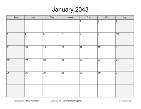 January 2043 Calendar With Weekend Shaded