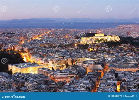 Greece Athens Skyline At Night With Acropolis Stock Photo Image Of