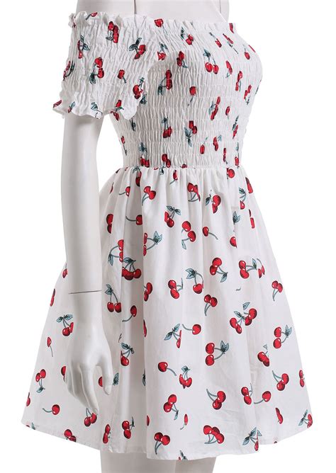 White Boat Neck Cherry Print Flare Dress Sheinsheinside