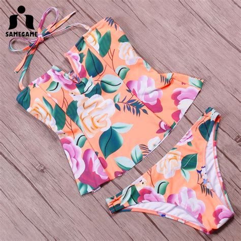 Samegame Printed Floral Swimsuits Women Swimwear Two Pieces Bikini 2019 Summer Halter Top