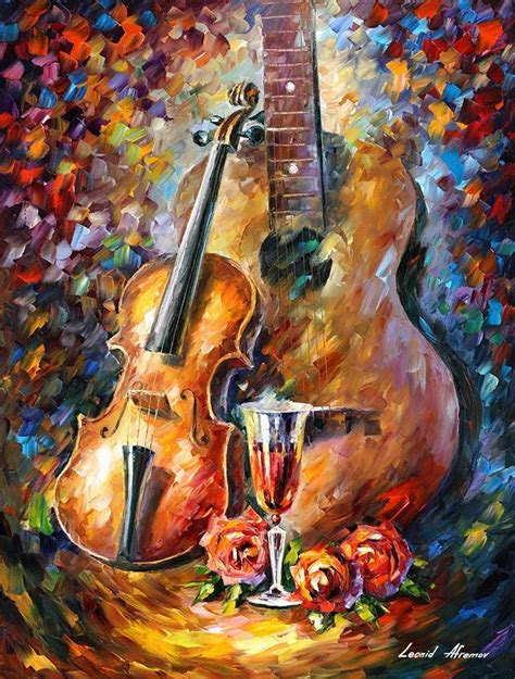 Lovely Guitar And Violin — Palette Knife Oil Painting On Canvas By