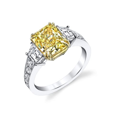 Radiant Fancy Intense Yellow Diamond Three Stone Ring Nicole Mera