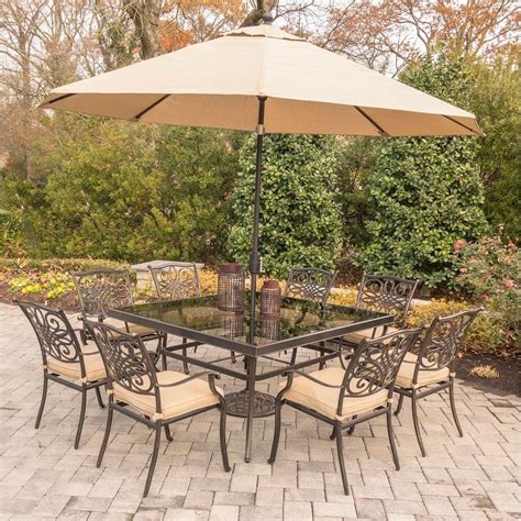 Hanover Traditions Aluminum 9 Piece Dining Set With Tan Seat Cushions