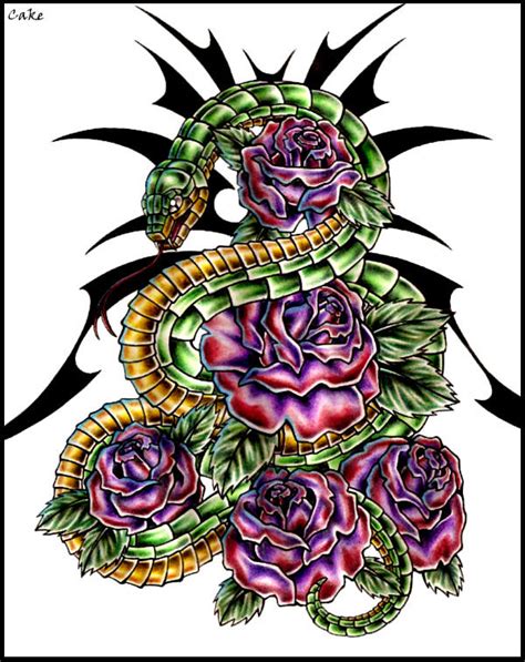 Snake And Roses Tattoo Design By Cakekaiser On Deviantart