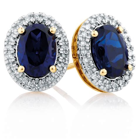 Stud Earrings With Created Sapphire And Diamonds In 10ct Yellow Gold